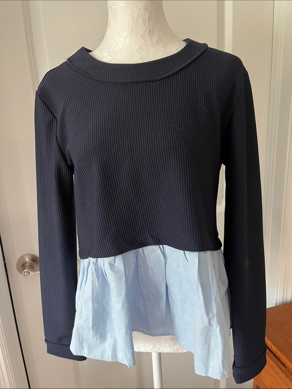 Renvy Navy Ribbed Sweatshirt with Light Blue Peplum Bottom NWOT
